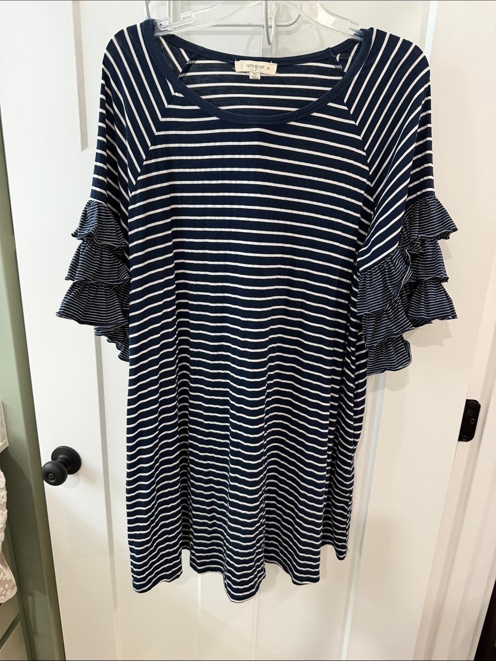Umgee Navy & White Striped Ruffle Sleeve Mini Dress